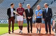15 September 2015; Pictured at the launch of the AIG Fenway Hurling Classic and Irish Festival are, from left, Seamus Hickey, GPA, Galway hurler Aidan Harte, Ard Stiúrthoir Paraic Duffy, Dublin hurler David O'Callaghan and Declan O’Rourke, General Manager, AIG Ireland. Dublin will take on Galway in Super 11’s hurling at Fenway Park, Boston, on November 22nd. Croke Park, Dublin. Picture credit: Ramsey Cardy / SPORTSFILE