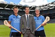 15 September 2015; Pictured at the launch of the AIG Fenway Hurling Classic and Irish Festival is Danny Glant, Global Head of Sponsorship, AIG, centre, with Dublin hurlers Cian Boland, left, and David O'Callaghan. Dublin will take on Galway in Super 11’s hurling at Fenway Park, Boston, on November 22nd. Croke Park, Dublin. Picture credit: Ramsey Cardy / SPORTSFILE