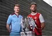 15 September 2015; Paul Sinnott, Galway United, and Ger O'Brien, St.Patrick's Athletic, during the EA Sports Cup Final Media Day. FAI National Training Centre, Abbotstown, Co. Dublin. Picture credit: David Maher / SPORTSFILE