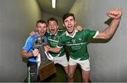 12 September 2015; Limerick's Dean Coleman, Pat Ryan, and Barry Nash celebrate with the Cross of Cashel trophy after victory over Wexford. Bord Gais Energy GAA Hurling All-Ireland U21 Championship Final, Limerick v Wexford, Semple Stadium, Thurles, Co. Tipperary. Picture credit: Diarmuid Greene / SPORTSFILE