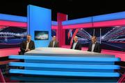 16 September 2015; With just hours to go until the biggest sporting event this year gets underway, TV3 today unveiled its RWC 2015 set. All 48 games will be Live and Exclusive on TV3 and 3e. Pictured on the RWC 2015 set is TV3 RWC 2015 presenter Matt Cooper, left, with panelists, from left, Keith Wood, Matt Williams and Hugo MacNeill. TV3 HD Studio, Ballymount, Dublin. Picture credit: Stephen McCarthy / SPORTSFILE