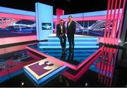 16 September 2015; With just hours to go until the biggest sporting event this year gets underway, TV3 today unveiled its RWC 2015 set. All 48 games will be Live and Exclusive on TV3 and 3e. Pictured on the RWC 2015 set are TV3 RWC 2015 panelists Malcolm O'Kelly, left, and Shane Jennings. TV3 HD Studio, Ballymount, Dublin. Picture credit: Stephen McCarthy / SPORTSFILE