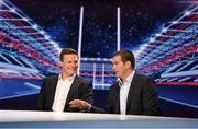 16 September 2015; With just hours to go until the biggest sporting event this year gets underway, TV3 today unveiled its RWC 2015 set. All 48 games will be Live and Exclusive on TV3 and 3e. Pictured on the RWC 2015 set are TV3 RWC 2015 panelists Malcolm O'Kelly, left, and Shane Jennings. TV3 HD Studio, Ballymount, Dublin. Picture credit: Stephen McCarthy / SPORTSFILE