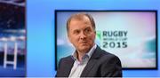 16 September 2015; With just hours to go until the biggest sporting event this year gets underway, TV3 today unveiled its RWC 2015 set. All 48 games will be Live and Exclusive on TV3 and 3e. Pictured on the RWC 2015 set is TV3 RWC 2015 panellist Hugo MacNeill. TV3 HD Studio, Ballymount, Dublin. Picture credit: Stephen McCarthy / SPORTSFILE
