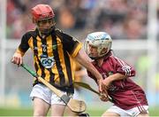 6 September 2015; Padraig Hynes, Knockanore, Co. Waterford, representing Galway, in action against Mairtin Gannon, Scoil Mhuire Lourdes BNS, Mooncoin, Co Kilkenny, representing Kilkenny, during the Cumann na mBunscoil INTO Respect Exhibition Go Games 2015 at Kilkenny v Galway - GAA Hurling All-Ireland Senior Championship Final. Croke Park, Dublin Picture credit: Diarmuid Greene / SPORTSFILE