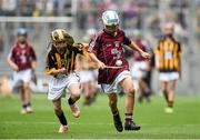 6 September 2015; Padraig Hynes, Knockanore, Co. Waterford, representing Galway, in action against Niall McGarel, St John's PS, Ballymena, Co. Antrim, representing Kilkenny, during the Cumann na mBunscoil INTO Respect Exhibition Go Games 2015 at Kilkenny v Galway - GAA Hurling All-Ireland Senior Championship Final. Croke Park, Dublin Picture credit: Diarmuid Greene / SPORTSFILE