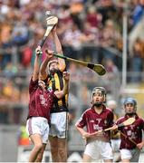 6 September 2015; Adam English, Doon CBS, Co. Limerick, representing Galway, in action against Mairtin Gannon, Scoil Mhuire Lourdes BNS, Mooncoin, Co. Kilkenny, representing Kilkenny, during the Cumann na mBunscoil INTO Respect Exhibition Go Games 2015 at Kilkenny v Galway - GAA Hurling All-Ireland Senior Championship Final. Croke Park, Dublin Picture credit: Diarmuid Greene / SPORTSFILE