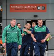 16 September 2015; Ireland players, from left, Tadhg Furlong, Richardt Strauss and Jack McGrath at Dublin Airport ahead of their departure for the 2015 Rugby World Cup. Terminal 2, Dublin Airport, Dublin. Picture credit: Stephen McCarthy / SPORTSFILE