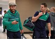 16 September 2015; Ireland's Sean O'Brien, left, and Jonathan Sexton in Cardiff Airport on their arrival ahead of the 2015 Rugby World Cup. Cardiff Airport, Wales. Picture credit: Brendan Moran / SPORTSFILE