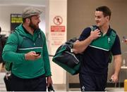 16 September 2015; Ireland's Sean O'Brien, left, and Jonathan Sexton in Cardiff Airport on their arrival ahead of the 2015 Rugby World Cup. Cardiff Airport, Wales. Picture credit: Brendan Moran / SPORTSFILE