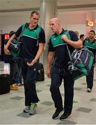 16 September 2015; Ireland's Devin Toner, left, and captain Paul O'Connell in Cardiff Airport on their arrival ahead of the 2015 Rugby World Cup. Cardiff Airport, Wales. Picture credit: Brendan Moran / SPORTSFILE