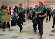16 September 2015; Ireland's Paddy Jackson, Eoin Reddan and Tommy Bowe in Cardiff Airport on their arrival ahead of the 2015 Rugby World Cup. Cardiff Airport, Wales. Picture credit: Brendan Moran / SPORTSFILE