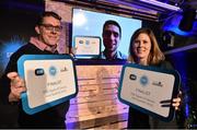 16 September 2015; Gerard Forde, left, Bizimply, James Foody, Ayda, (skype call) and Patricia Scanlon, Soapbox Labs, who were chosen as the three finalists for the ESB Spark of Genius Award at Web Summit 2015, at Web Summit HQ, Tramway House, 32 Dartry Road, Dublin 6. Picture credit: David Maher / SPORTSFILE