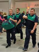 16 September 2015; Ireland players, from left, Keith Earls, Jamie Heaslip and Jack McGrath in Cardiff Airport on their arrival ahead of the 2015 Rugby World Cup. Cardiff Airport, Wales. Picture credit: Brendan Moran / SPORTSFILE