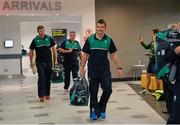 16 September 2015; Ireland's players, from left, Donnacha Ryan, Nathan White and Peter O'Mahony in Cardiff Airport on their arrival ahead of the 2015 Rugby World Cup. Cardiff Airport, Wales. Picture credit: Brendan Moran / SPORTSFILE