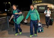 16 September 2015; Ireland's Jonathan Sexton, left, and Sean O'Brien in Cardiff Airport on their arrival ahead of the 2015 Rugby World Cup. Cardiff Airport, Wales. Picture credit: Brendan Moran / SPORTSFILE