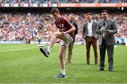 6 September 2015; John Monahan, age 15, from Sarsfields GAA Club, Galway, participates in a freestyle hurling exhibition. GAA Hurling All-Ireland Senior Championship Final, Kilkenny v Galway, Croke Park, Dublin. Picture credit: Stephen McCarthy / SPORTSFILE