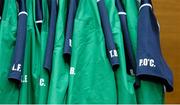 17 September 2015; Ireland training gear for the players, including that of Luke Fitzgerald, Keith Earls, Tommy Bowe and Paul O'Connell hangs on a rail before squad training. Sophia Gardens, Cardiff, Wales. Picture credit: Brendan Moran / SPORTSFILE