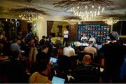 17 September 2015; Ireland captain Paul O'Connell and head coach Joe Schmidt during an Ireland team press conference. Marriott Hotel, Cardiff, Wales. Picture credit: Brendan Moran / SPORTSFILE
