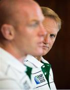 17 September 2015; Ireland head coach Joe Schmidt watches his captain Paul O'Connell answer questions during an Ireland team press conference. Marriott Hotel, Cardiff, Wales. Picture credit: Brendan Moran / SPORTSFILE