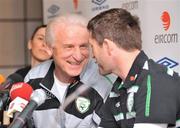 31 March 2009; Republic of Ireland manager Giovanni Trapattoni, left, with captain Robbie Keane during a press conference ahead of their 2010 FIFA World Cup Qualifier against Italy on Wednesday. San Nicola Stadium, Bari, Italy. Picture credit: David Maher / SPORTSFILE