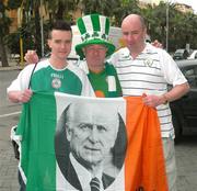 31 March 2009; Republic of Ireland supporters Nolan Devlin, West Belfast, Kenny Murdock, Falls Road, and Michael Rosen, from South Belfast, in Bari ahead of the 2010 FIFA World Cup Qualifier against Italy on Wednesday. Republic of Ireland Fans in Italy, Bari, Italy. Picture credit: Ray McManus / SPORTSFILE