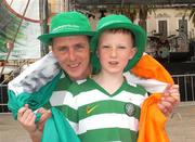 31 March 2009; Ten-year-old Matthew Ward and his dad Darren, from Coolock, Dublin, in Bari to support the Republic of Ireland in their 2010 FIFA World Cup Qualifier against Italy on Wednesday. Republic of Ireland Fans in Italy, Bari, Italy. Picture credit: Ray McManus / SPORTSFILE