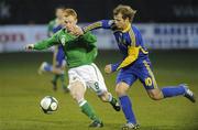 31 March 2009; Robert Garrett, Northern Ireland, in action against Roman Zozulia, Ukraine. U21 International Friendly, Northern Ireland U21 v Ukraine U21, Shamrock Park, Portadown, Co. Armagh. Picture credit: Oliver McVeigh / SPORTSFILE