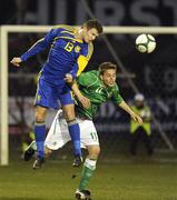 31 March 2009; Andriy Fartushniak, Ukraine, in action against Robin Shroot, Northern Ireland. U21 International Friendly, Northern Ireland U21 v Ukraine U21, Shamrock Park, Portadown, Co. Armagh. Picture credit: Oliver McVeigh / SPORTSFILE