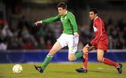 29 March 2009; Owen Garvan, Republic of Ireland, in action against Jem Paul Karacan, Turkey. 2011 UEFA European U21 Championship Qualifier, Republic of Ireland v Turkey, Turners Cross, Cork. Picture credit: Brendan Moran / SPORTSFILE