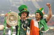 21 March 2009; Ireland's Tommy Bowe, left, and Rob Kearney celebrate with the Triple Crown trophy after the game. RBS Six Nations Championship, Wales v Ireland, Millennium Stadium, Cardiff, Wales. Picture credit: Brendan Moran / SPORTSFILE