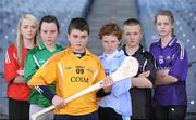 2 April 2009; At the launch of two new hurling themed young people's programmes for RTE, from left, Erin Elliott, age 13, from Dunloy, Co. Antrim, Niamh McCarthy, age 13, from Blarney, Co. Cork, Colm Fitzgerald, 12, from Ennis, Co. Clare, Jack O'Loughlin, 12, from Buncrana, Co. Donegal, Pat Lyng, 12, from Kilkenny, and Sadhbh O'Connor 12, from Garryvoe, Co. Cork. C'mon Caman is a new series for RTE Two and involves 6 of Ireland's leading hurlers and camogie players as they mentor 24 young people from all over in an innovative new sporting challenge. The mentors are Eoin Larkin of Kilkenny, Shane McGrath of Tipperary, Ollie Moran of Limerick, Eoin Kelly of Waterford, Brendan Cummins of Tipperary and Mary O'Connor, of Cork. Ballybradden is a new 20 part animated series following the lives of the 5th class children of Ballybradden Primary School and promises to be one of the world's first animates soaps for younger viewers. Croke Park, Dublin. Picture credit: Brendan Moran / SPORTSFILE