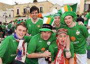 1 April 2009; Republic of Ireland fans Niall Clarke, John Rice, Michael Savage, Ryan Malone, Sean Paul O'Shaughnessy and Anto Murrtagh, all from Dundalk, Co. Louth, appear to have overcome the alcohol ban on their way to the game. 2010 FIFA World Cup Qualifier, Italy v Republic of Ireland, San Nicola Stadium, Bari, Italy. Picture credit: Ray McManus / SPORTSFILE