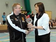 28 March 2009; Sligo All Stars coach Terry Kennedy is presented with the Women's Division 1 Coach of the Year by Debbie Massey, Chief Executive, Basketball Ireland. Basketball Ireland’s Women’s Division One Final, Sligo All Stars v Scruffy St. Paul’s, Aura Complex, Letterkenny, Co. Donegal. Picture credit: Brendan Moran / SPORTSFILE