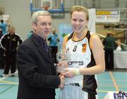 28 March 2009; Kelly Johnson, Sligo All Stars, is presented with the Women's Division 1 Player of the Year by Timmy Murphy, Basketball Ireland. Basketball Ireland’s Women’s Division One Final, Sligo All Stars v Scruffy St. Paul’s, Aura Complex, Letterkenny, Co. Donegal. Picture credit: Brendan Moran / SPORTSFILE