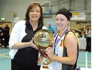 28 March 2009; Lorraine Dolan, Sligo All Stars, is presented with the MVP by Debbie Massey, Chief Executive, Basketball Ireland. Basketball Ireland’s Women’s Division One Final, Sligo All Stars v Scruffy St. Paul’s, Aura Complex, Letterkenny, Co. Donegal. Picture credit: Brendan Moran / SPORTSFILE