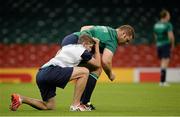18 September 2015; Ireland forwards coach Simon Easterby works with prop Mike Ross during the captain's run. Ireland Rugby Squad Captain's Run, 2015 Rugby World Cup. Millennium Stadium, Cardiff, Wales. Picture credit: Brendan Moran / SPORTSFILE