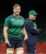 18 September 2015; Ireland's Jamie Heaslip with head coach Joe Schmidt during the captain's run. Ireland Rugby Squad Captain's Run, 2015 Rugby World Cup. Millennium Stadium, Cardiff, Wales. Picture credit: Brendan Moran / SPORTSFILE