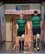 18 September 2015; Ireland captain Paul O'Connell, left, walks by team-matte Devin Toner as he makes his way to the pitch ahead of the captain's run. Ireland Rugby Squad Captain's Run, 2015 Rugby World Cup. Millennium Stadium, Cardiff, Wales. Picture credit: Brendan Moran / SPORTSFILE