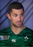 18 September 2015; Ireland's Rob Kearney during a press conference. Ireland Rugby Press Conference, 2015 Rugby World Cup. Millennium Stadium, Cardiff, Wales. Picture credit: Brendan Moran / SPORTSFILE