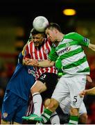 18 September 2015; Dean Jarvis, Derry City, in action against David O'Connor, Shamrock Rovers. SSE Airtricity League Premier Division, Derry City v Shamrock Rovers. Brandywell, Derry. Picture credit: Oliver McVeigh / SPORTSFILE