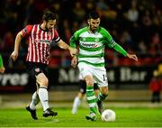 18 September 2015; Gavin Brennan, Shamrock Rovers, in action against Ryan McBride, Derry City. SSE Airtricity League Premier Division, Derry City v Shamrock Rovers. Brandywell, Derry. Picture credit: Oliver McVeigh / SPORTSFILE