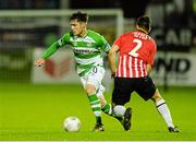 18 September 2015; Brandon Miele, Shamrock Rovers, in action against Ben McLaughlin, Derry City. SSE Airtricity League Premier Division, Derry City v Shamrock Rovers. Brandywell, Derry. Picture credit: Oliver McVeigh / SPORTSFILE