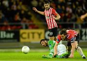 18 September 2015; Gavin Brennan, Shamrock Rovers, in action against Ryan McBride, Derry City. SSE Airtricity League Premier Division, Derry City v Shamrock Rovers. Brandywell, Derry. Picture credit: Oliver McVeigh / SPORTSFILE