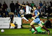 18 September 2015; Drogheda United goalkeeper Michael Schlingermann fouls Dundalk's David McMillian in the penalty box, resulting in a penalty having been awarded. SSE Airtricity League Premier Division, Dundalk v Drogheda United. Oriel Park, Dundalk. Picture credit: David Maher / SPORTSFILE