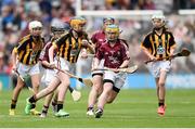 6 September 2015; Sarah Clarke, Dernakesh N.S., Cootehill, Co. Cavan, representing Kilkenny, in action against Riesse Donlon, Gaelscoil de hÍde, Cnoc na Cruibe, Baile Ros Comáin, representing Galway, during the Cumann na mBunscol INTO Respect Exhibition Go Games 2015 at Kilkenny v Galway - GAA Hurling All-Ireland Senior Championship Final. Croke Park, Dublin. Picture credit: Stephen McCarthy / SPORTSFILE