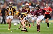 6 September 2015; Jodie McQuillon, Scoil na gCailíní, Castleblayney, Co. Monaghan, representing Kilkenny, in action against Sophie Barrett, Holy Rosary N.S., Firhouse, Dublin, representing Galway, during the Cumann na mBunscol INTO Respect Exhibition Go Games 2015 at Kilkenny v Galway - GAA Hurling All-Ireland Senior Championship Final. Croke Park, Dublin. Picture credit: Stephen McCarthy / SPORTSFILE