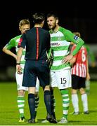 18 September 2015; Referee Robert Harvey speaks to Gavin Brennan, Shamrock Rovers. SSE Airtricity League Premier Division, Derry City v Shamrock Rovers. Brandywell, Derry. Picture credit: Oliver McVeigh / SPORTSFILE