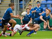 19 September 2015; Ciaran Frawley, Leinster, passes to Jordan Larmour, as he  is tackled by Jonny Betts, Ulster. U19 Interprovincial Rugby Championship, Round 3, Leinster v Ulster. Donnybrook Stadium, Donnybrook, Dublin. Picture credit: Sam Barnes / SPORTSFILE