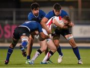 18 September 2015; Ethan Harbinson, Ulster, in action against Leinster players, from left, David Aspil, James O’Brien and Max Deegan. U20 Interprovincial Rugby Championship, Round 3, Leinster v Ulster. Donnybrook Stadium, Donnybrook, Dublin. Picture credit: Stephen McCarthy / SPORTSFILE
